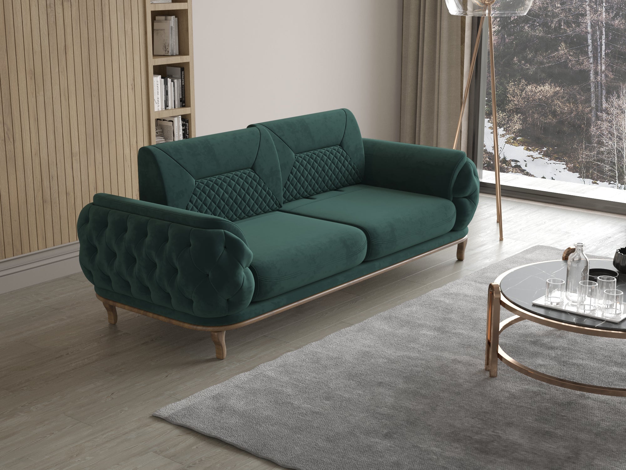Modernes grünes Sofa-Set mit Hocker in stilvollem Wohnzimmer mit großer Fensterfront