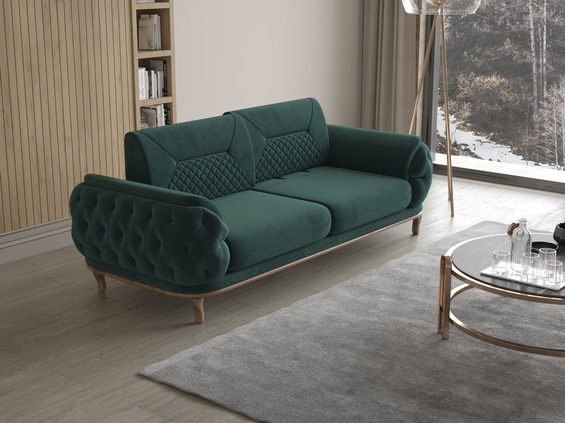 Modernes grünes Sofa-Set mit Hocker in stilvollem Wohnzimmer mit großer Fensterfront