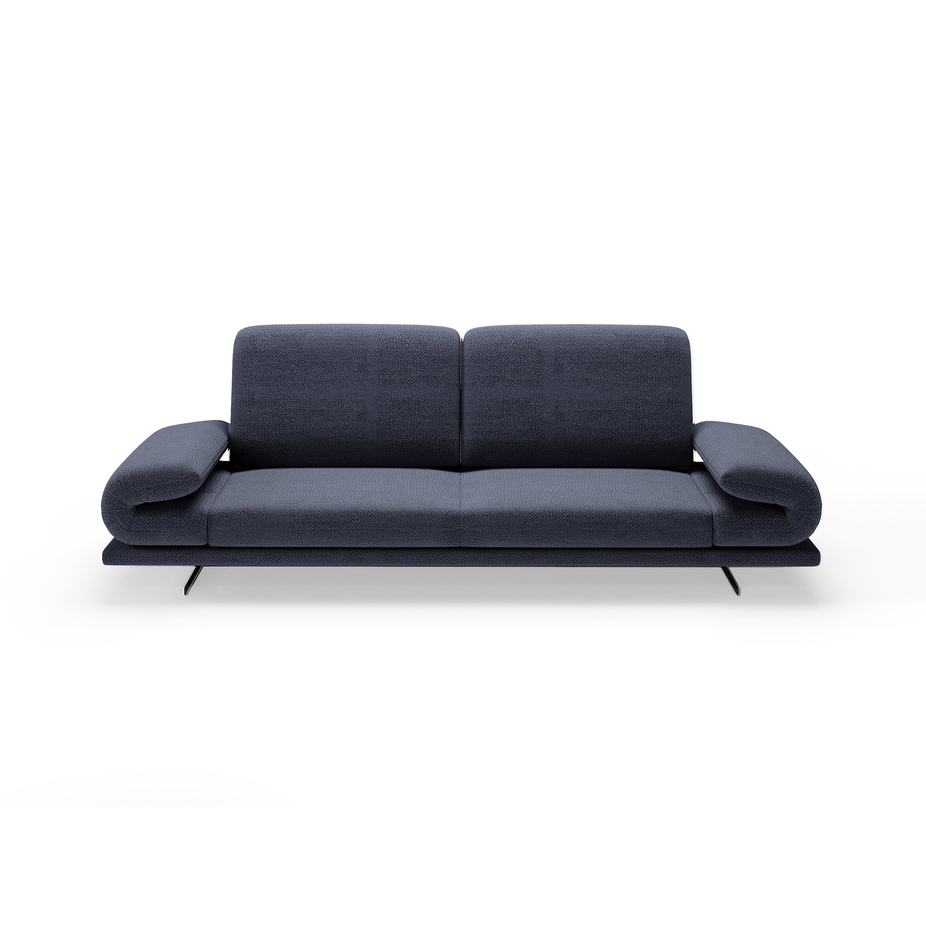 Modernes blaues Sofa mit breiten Armlehnen und schlanken Metallfüßen auf neutralem Hintergrund.
