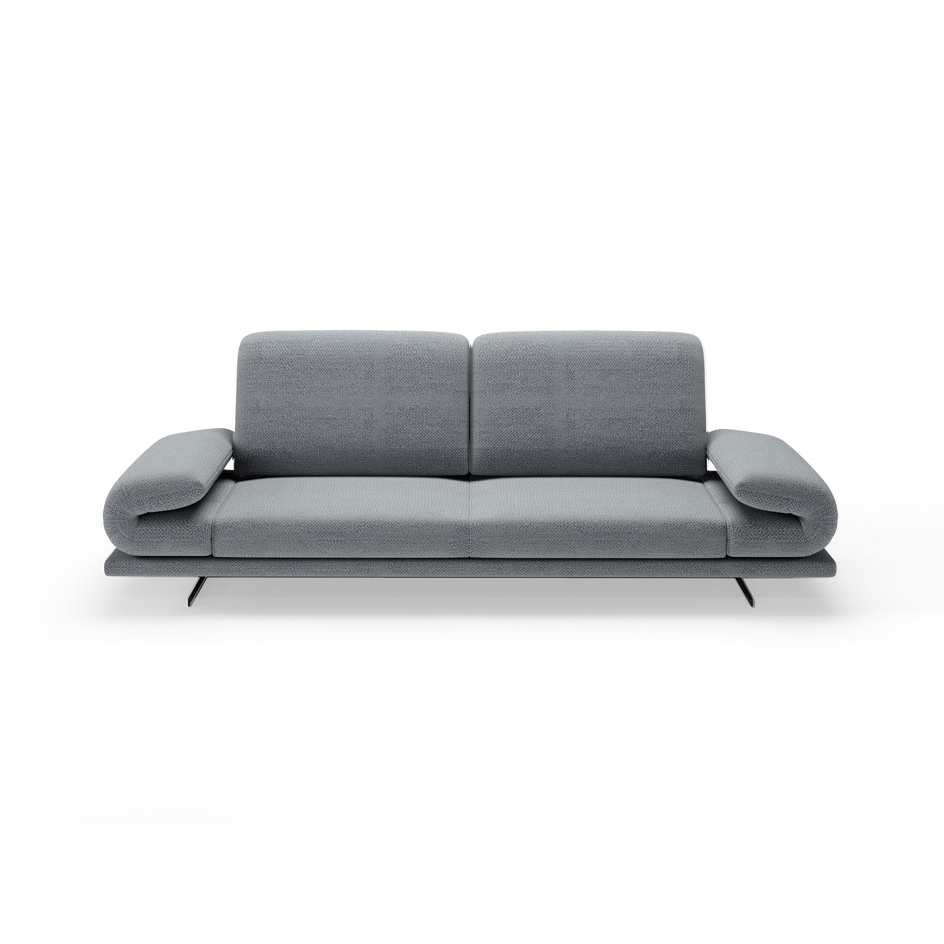 Modernes graues Sofa mit breiten Armlehnen und filigranen Metallfüßen auf neutralem Hintergrund.