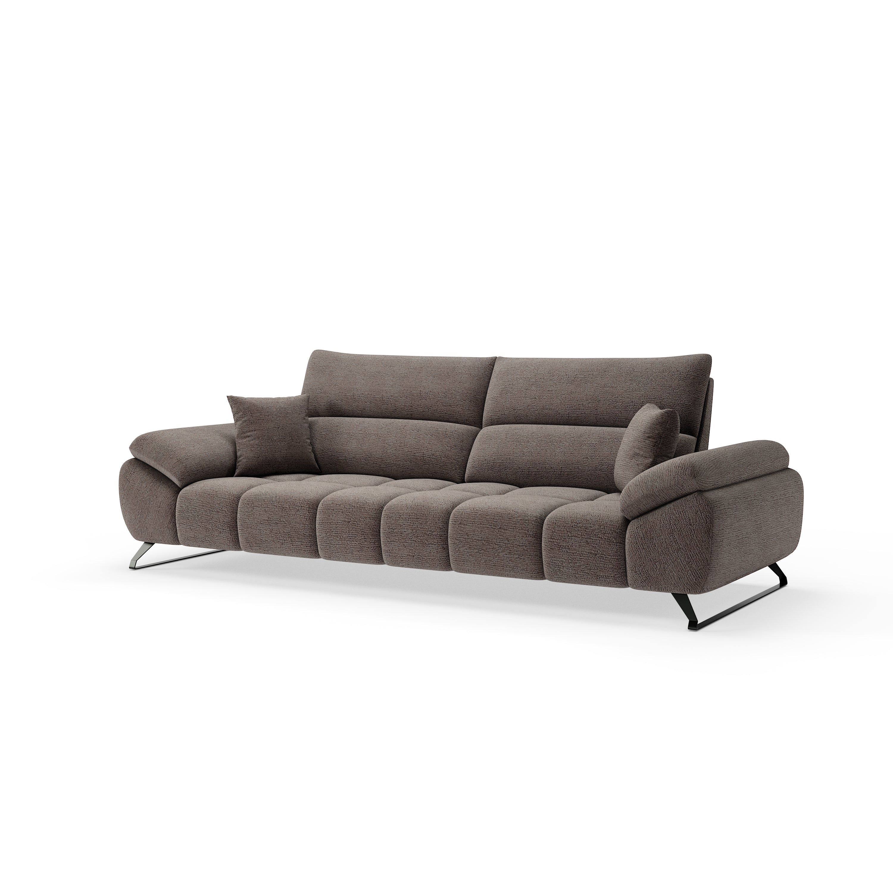 Braunes Polstersofa mit strukturierter Oberfläche, breiten Armlehnen und schwarzem Metallgestell