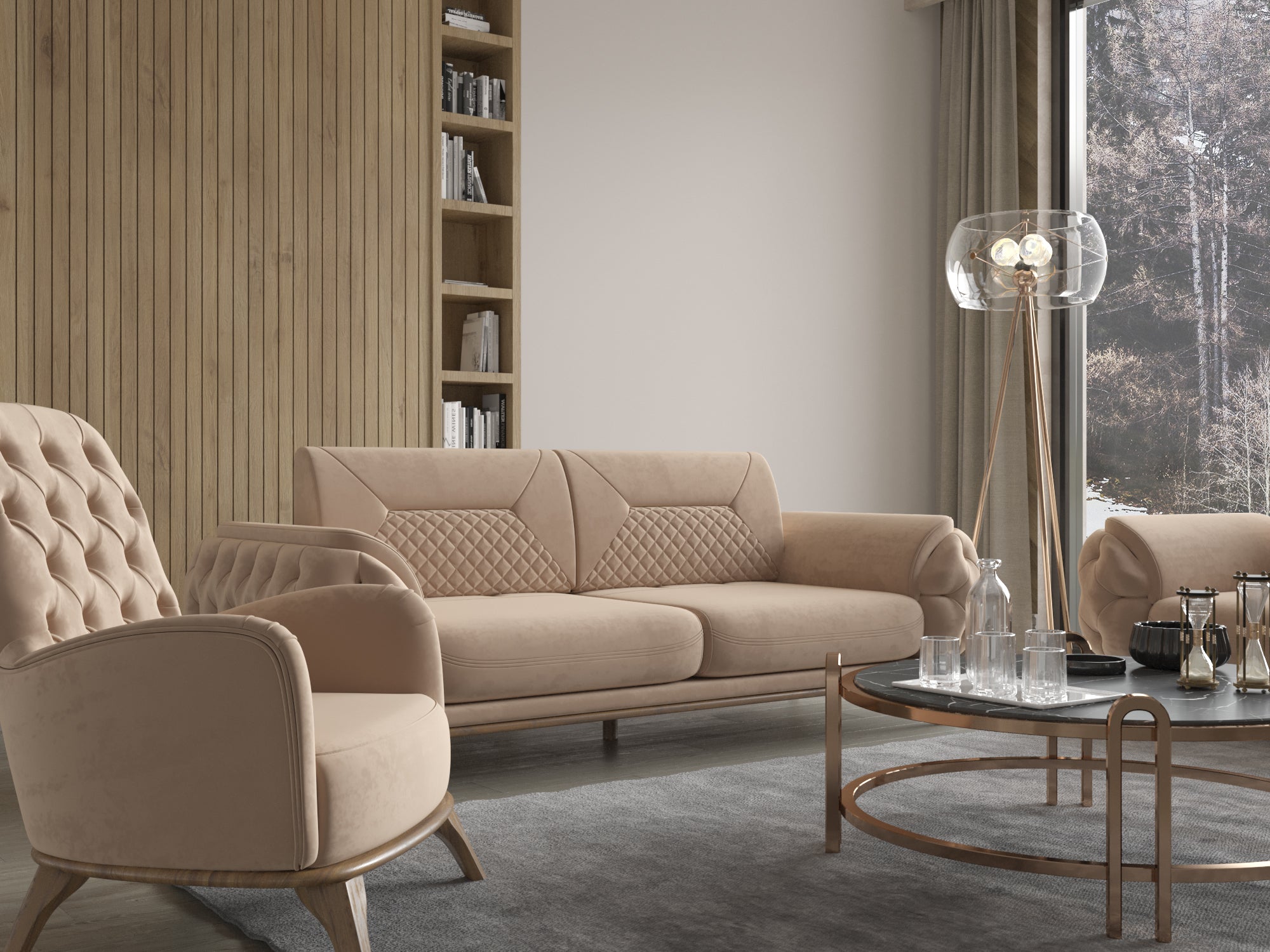 Detailansicht einer beigen Polstergarnitur mit Sofa und Sessel, rundem Couchtisch und moderner Stehleuchte in hellem Wohnzimmer mit Holzwand.