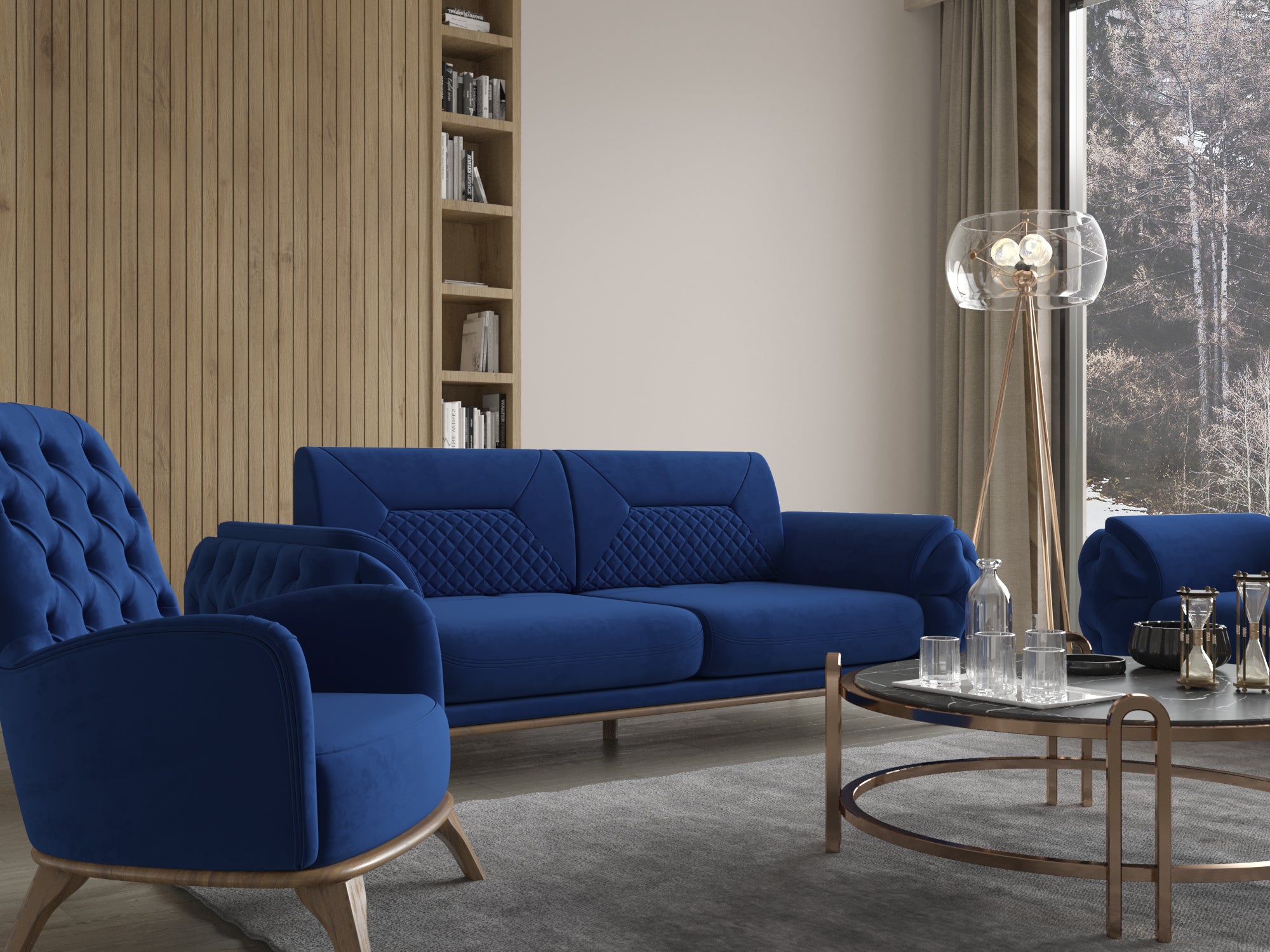 Detailansicht einer blauen Polstergarnitur mit Sofa und Sessel, rundem Couchtisch und moderner Stehleuchte in hellem Wohnzimmer mit Holzwand.