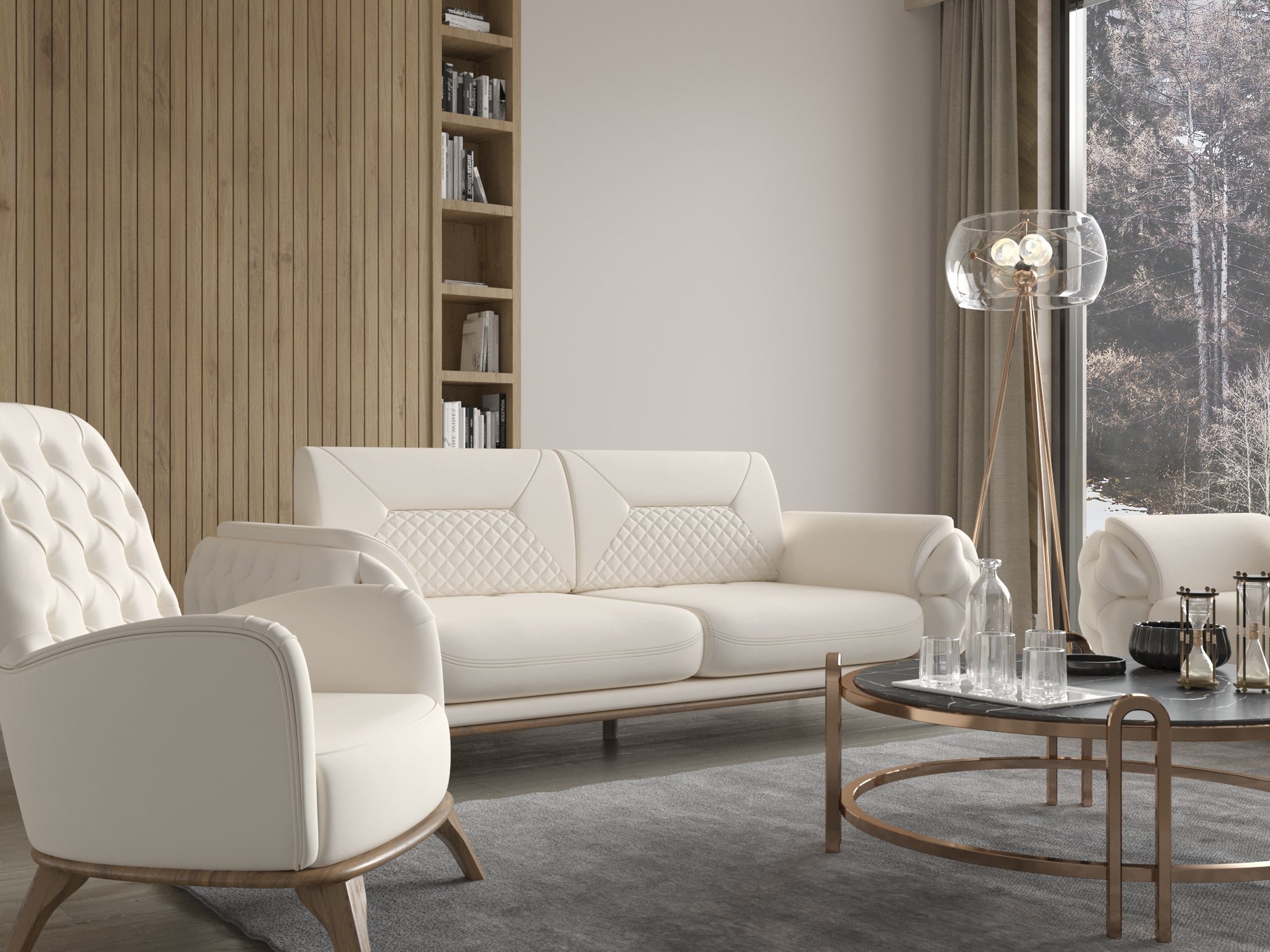 Detailansicht eines modernen Wohnzimmers mit cremefarbenem Sofa und Sessel, rundem Couchtisch aus Metall und Glas sowie Stehleuchte vor großer Fensterfront.