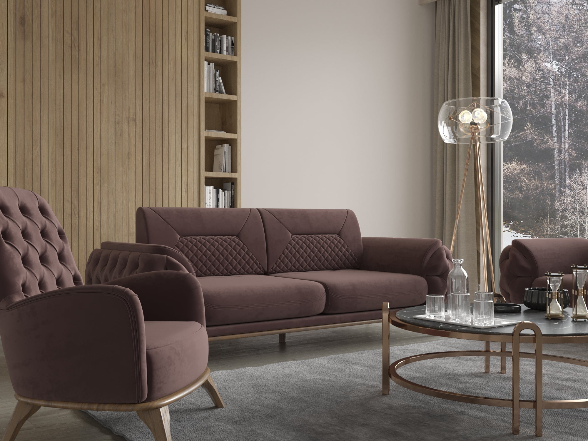 Braune Polstergarnitur mit Sofa und Sessel, rundem Couchtisch und moderner Glasstehleuchte in stilvollem Wohnzimmer mit Holzpaneelen.