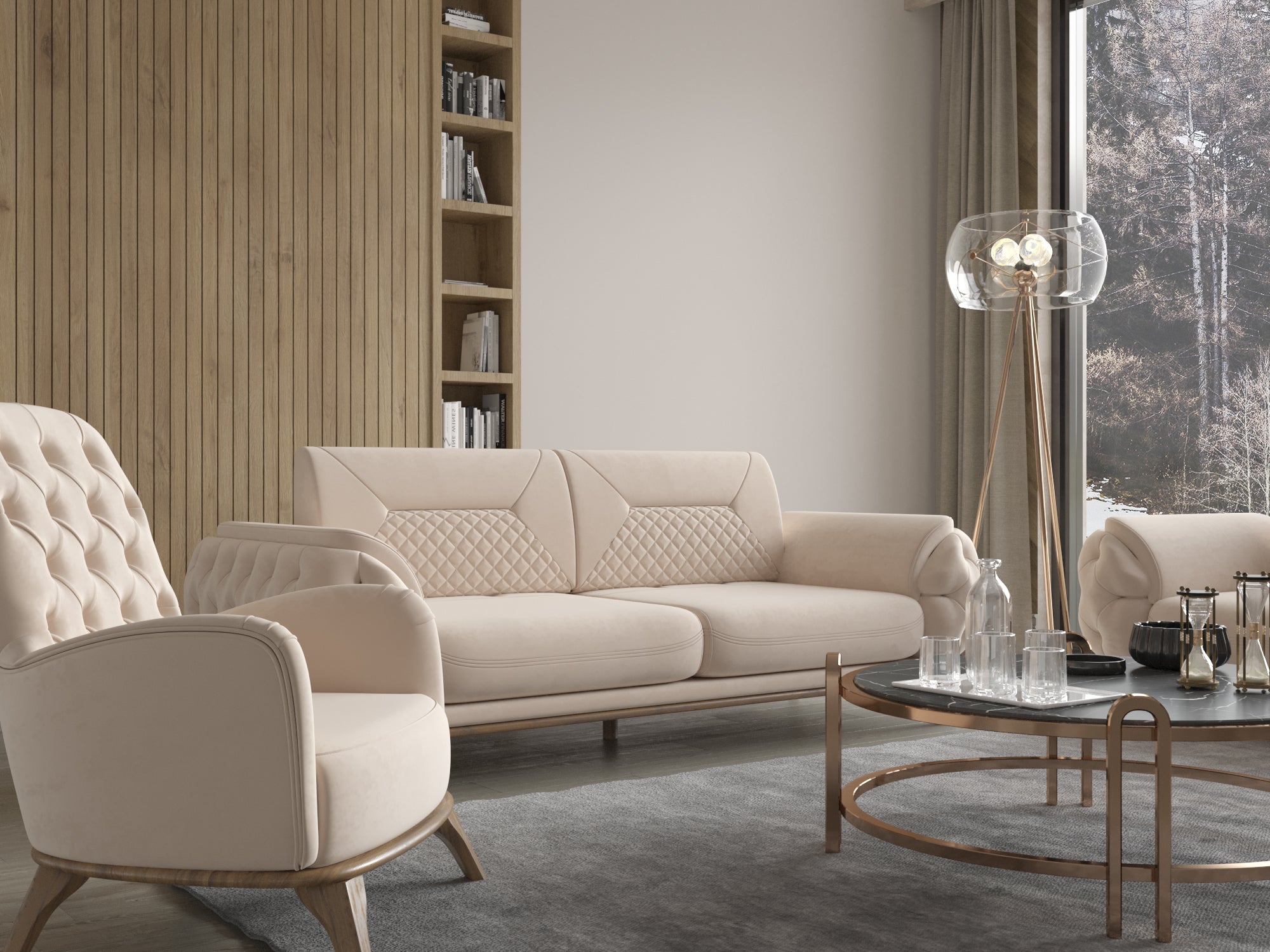 Cremefarbene Polstergarnitur mit Sofa und Sessel, rundem Couchtisch und Glasleuchte in modernem Wohnzimmer mit Holzverkleidung.
