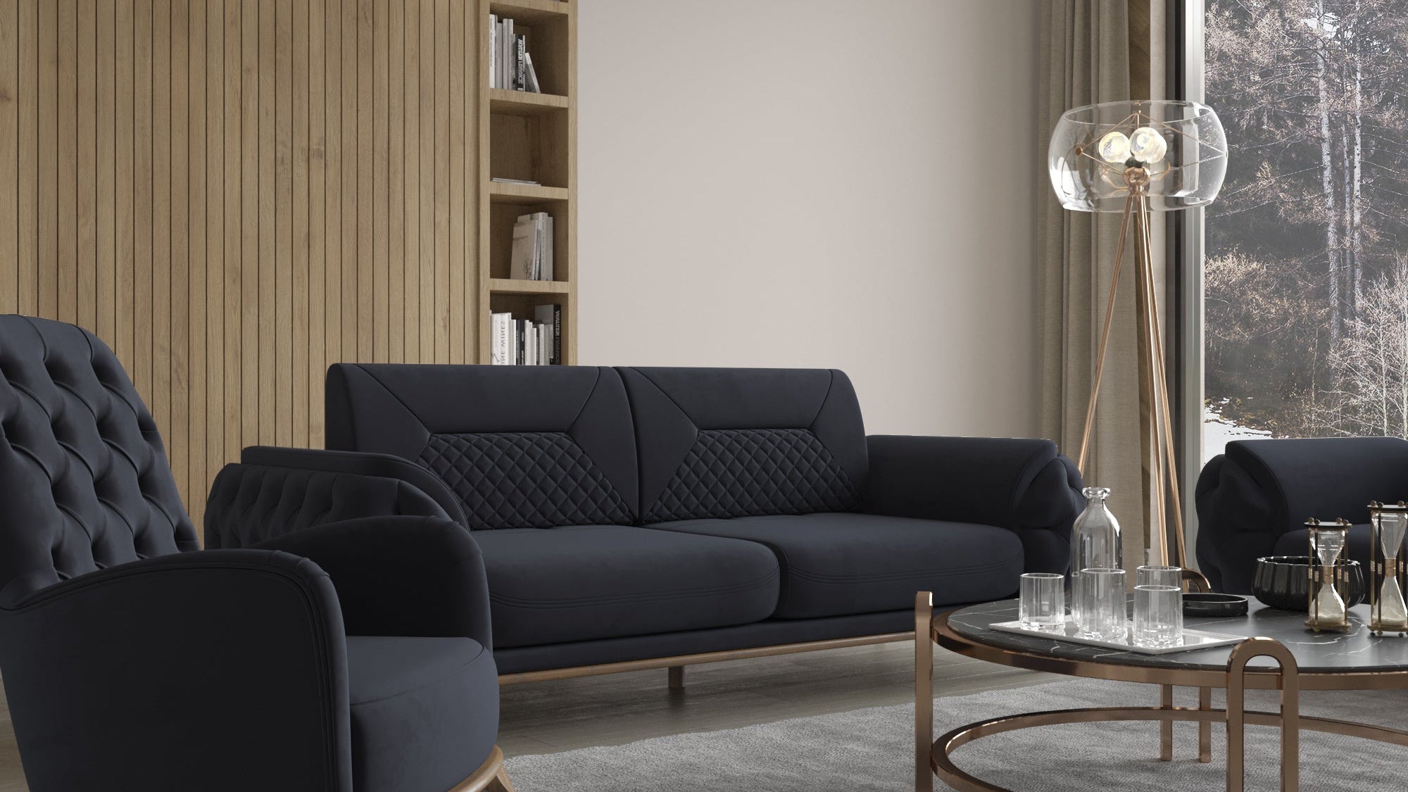 Dunkelblaue Polstergarnitur mit Sofa und Sessel, rundem Couchtisch und Glasstehleuchte in modernem Wohnzimmer mit Holzpaneelen.