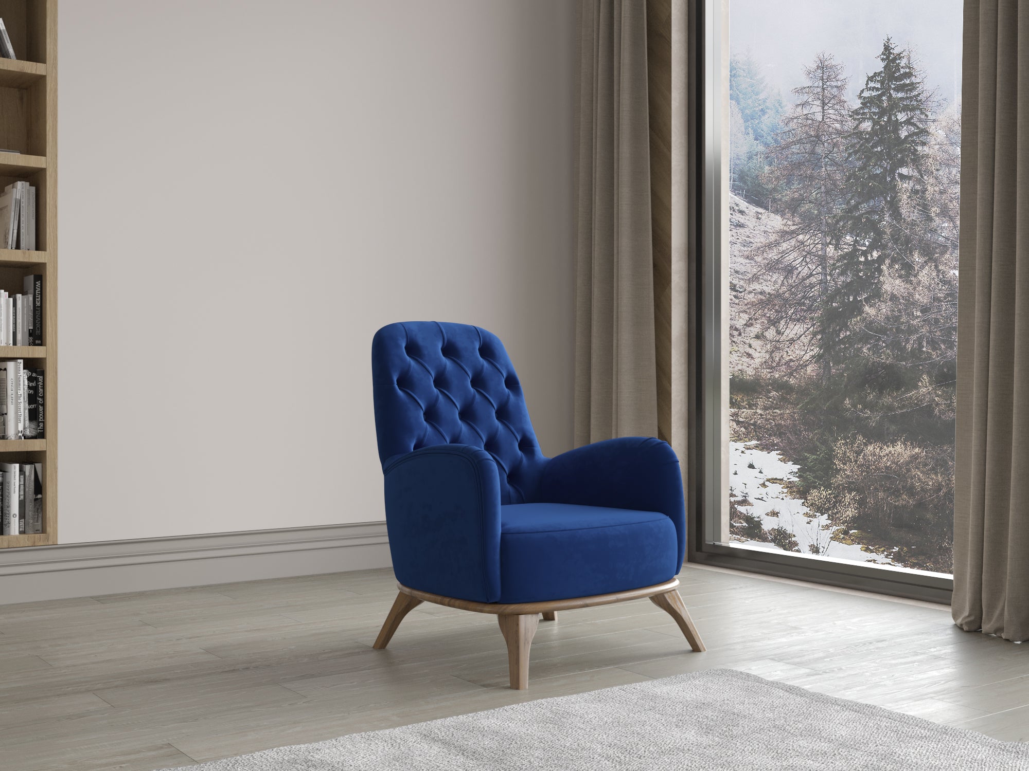 Blauer Polstersessel mit Knopfheftung und Holzfüßen vor großer Fensterfront mit Blick auf winterliche Landschaft.