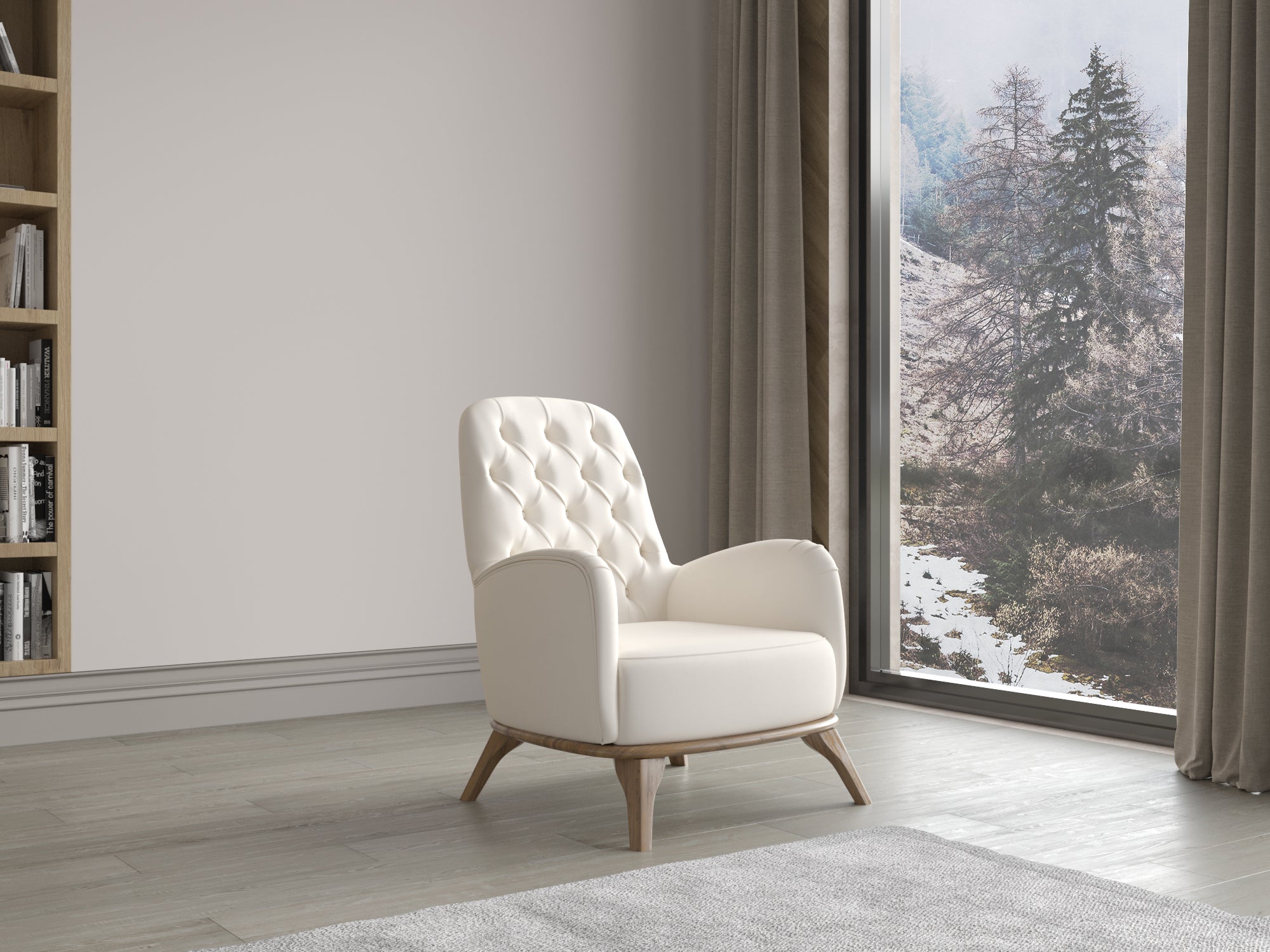 Cremefarbener Polstersessel mit Knopfheftung und Holzfüßen vor großer Fensterfront mit Blick auf winterliche Landschaft.