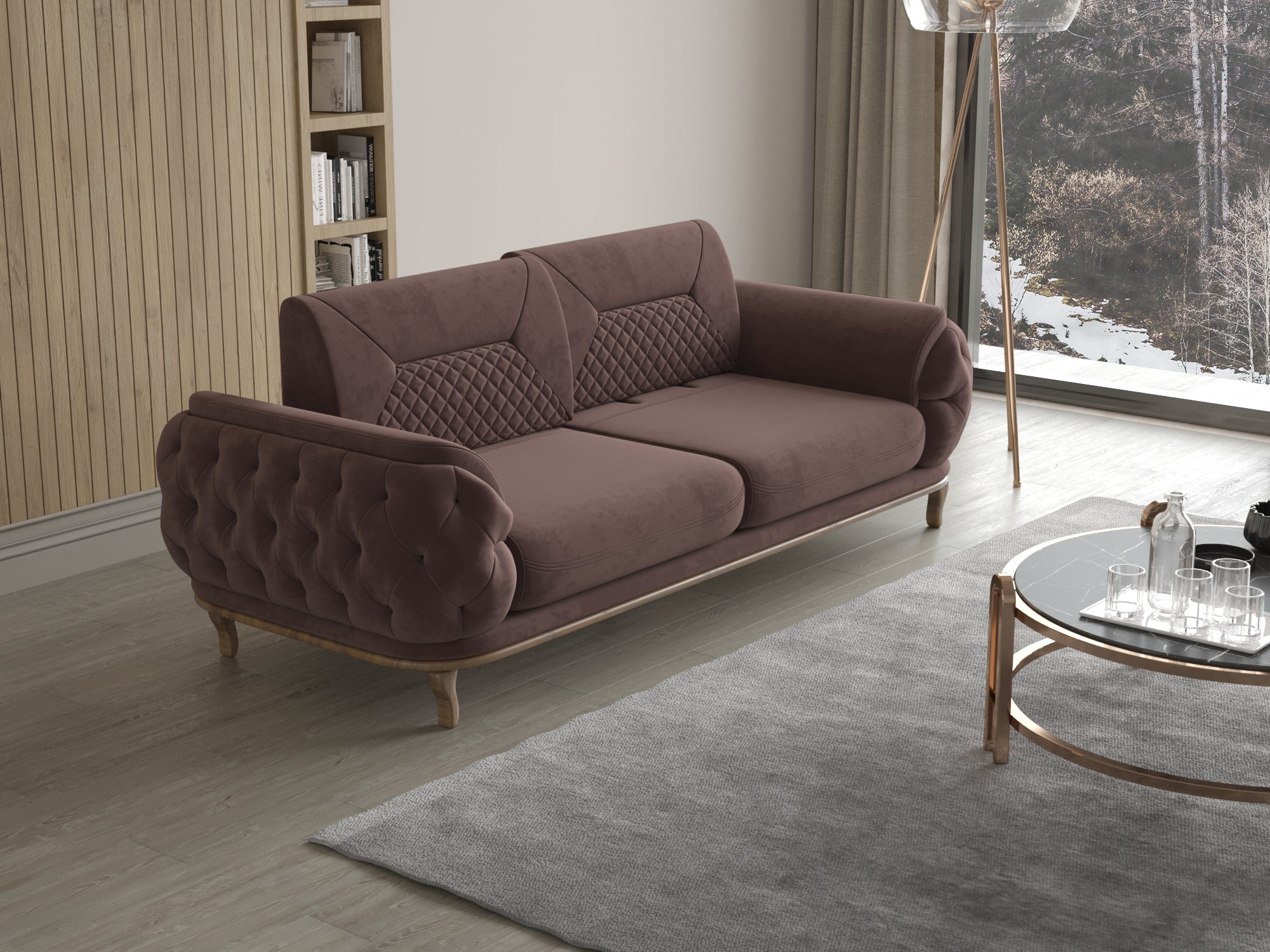 Braunes Sofa mit Knopfheftung und gesteppten Rückenpolstern in modernem Wohnzimmer mit Holzpaneelen und großer Fensterfront.