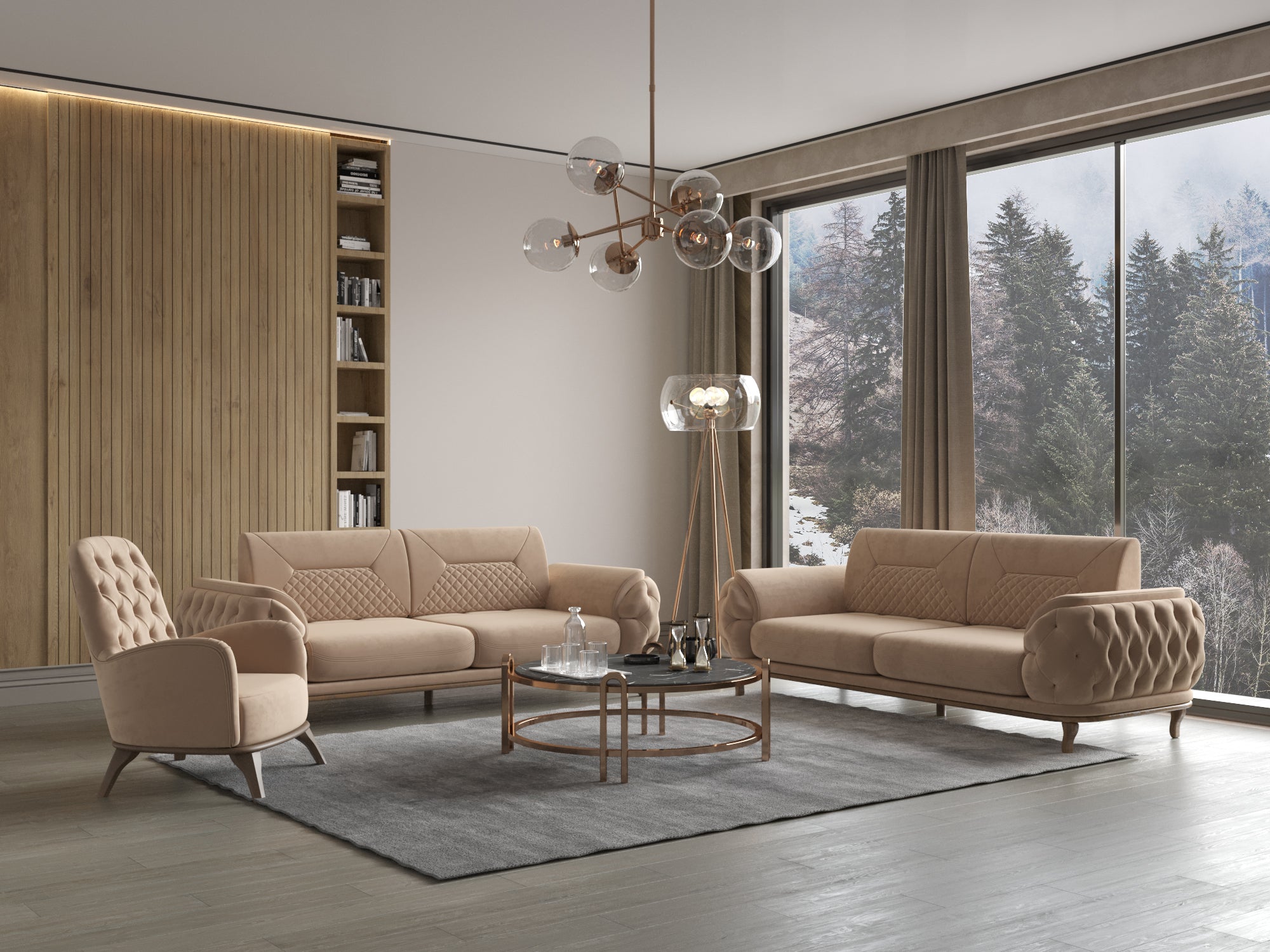 Modernes Wohnzimmer mit beiger Polstergarnitur, rundem Couchtisch, Glasstehleuchte und großer Fensterfront mit Blick auf verschneite Bäume.