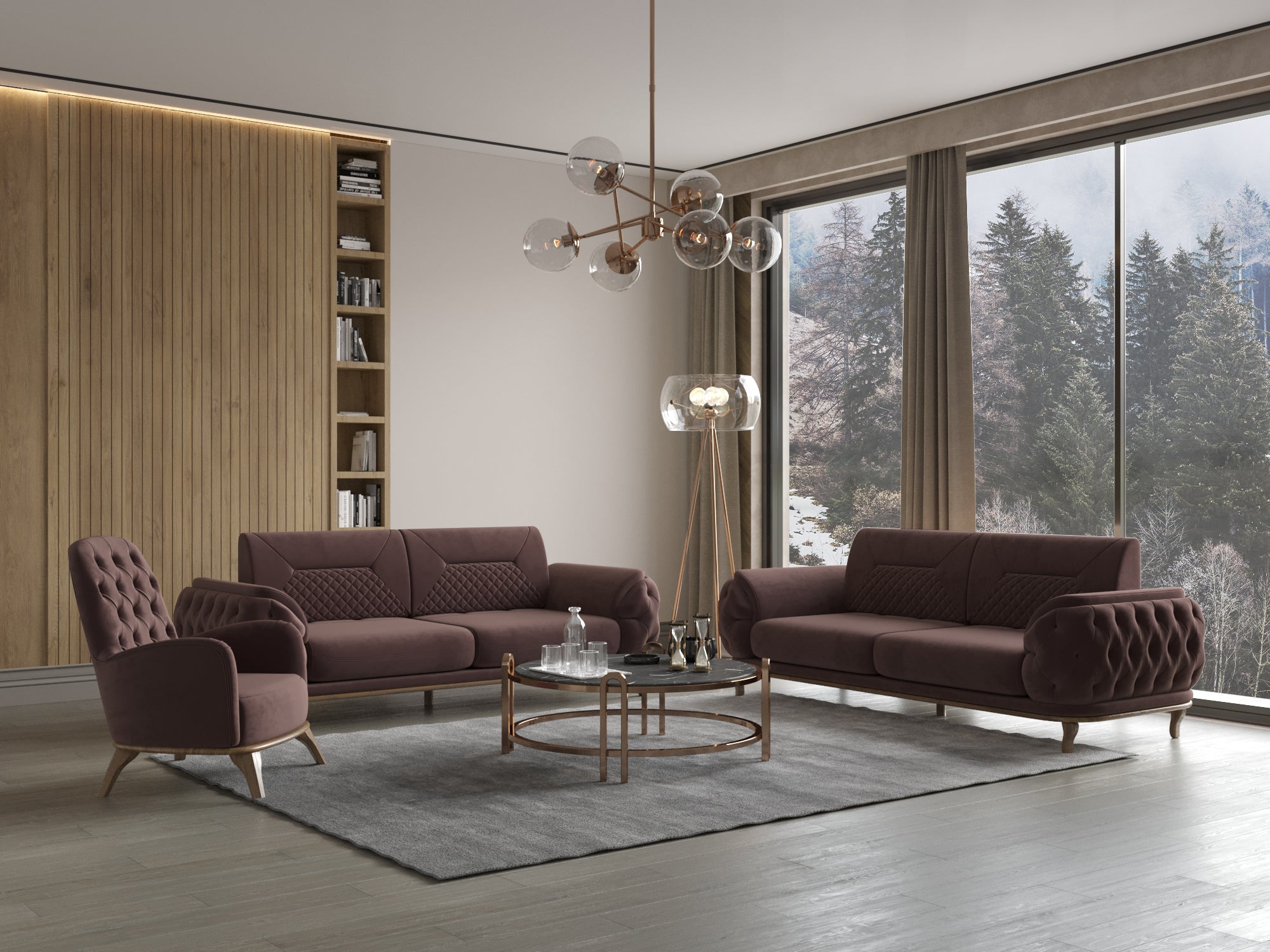Modernes Wohnzimmer mit brauner Polstergarnitur, rundem Couchtisch, Glasstehleuchte und großer Fensterfront mit Winterblick.