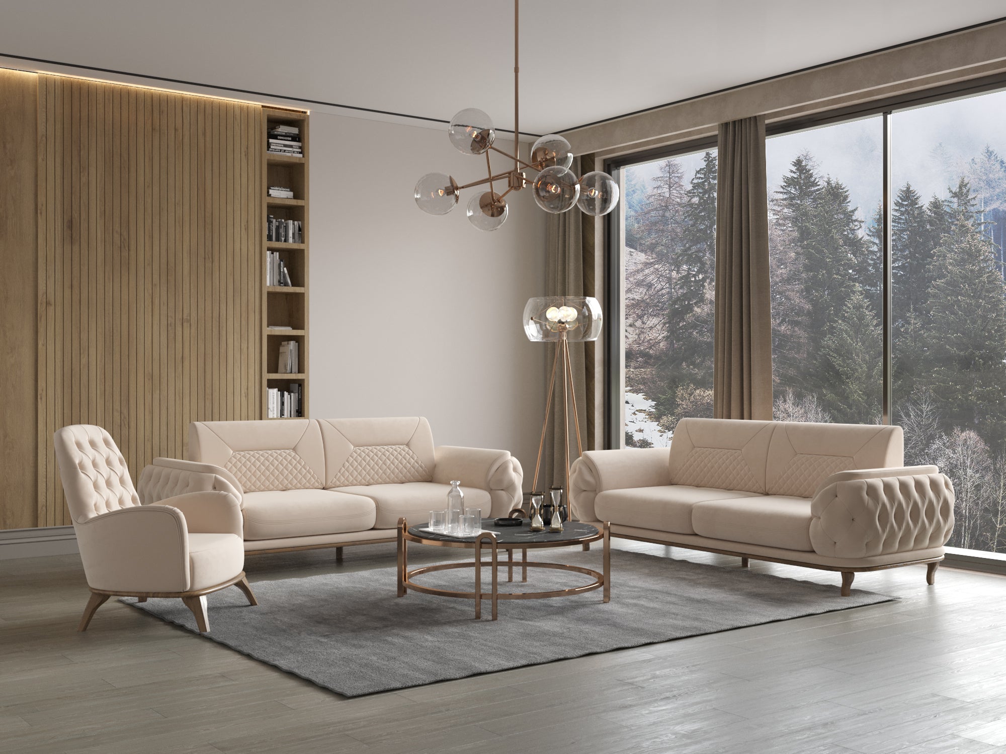 Helles Wohnzimmer mit cremefarbener Polstergarnitur, rundem Couchtisch, Designleuchte und großer Fensterfront mit Blick ins Winterpanorama.