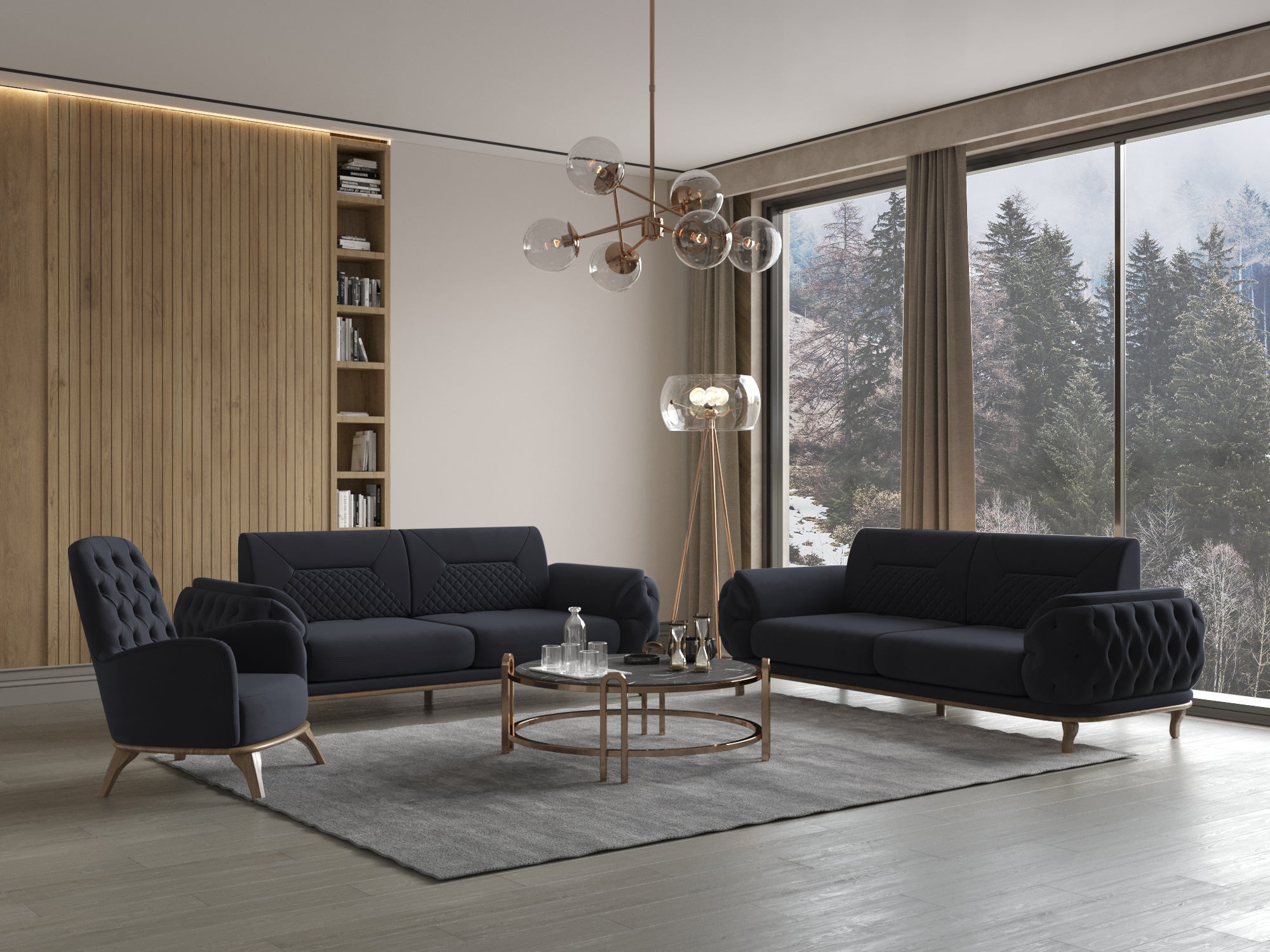 Modernes Wohnzimmer mit dunkelblauer Polstergarnitur aus zwei Sofas und Sessel, rundem Couchtisch und großer Fensterfront mit Blick auf verschneite Bäume.