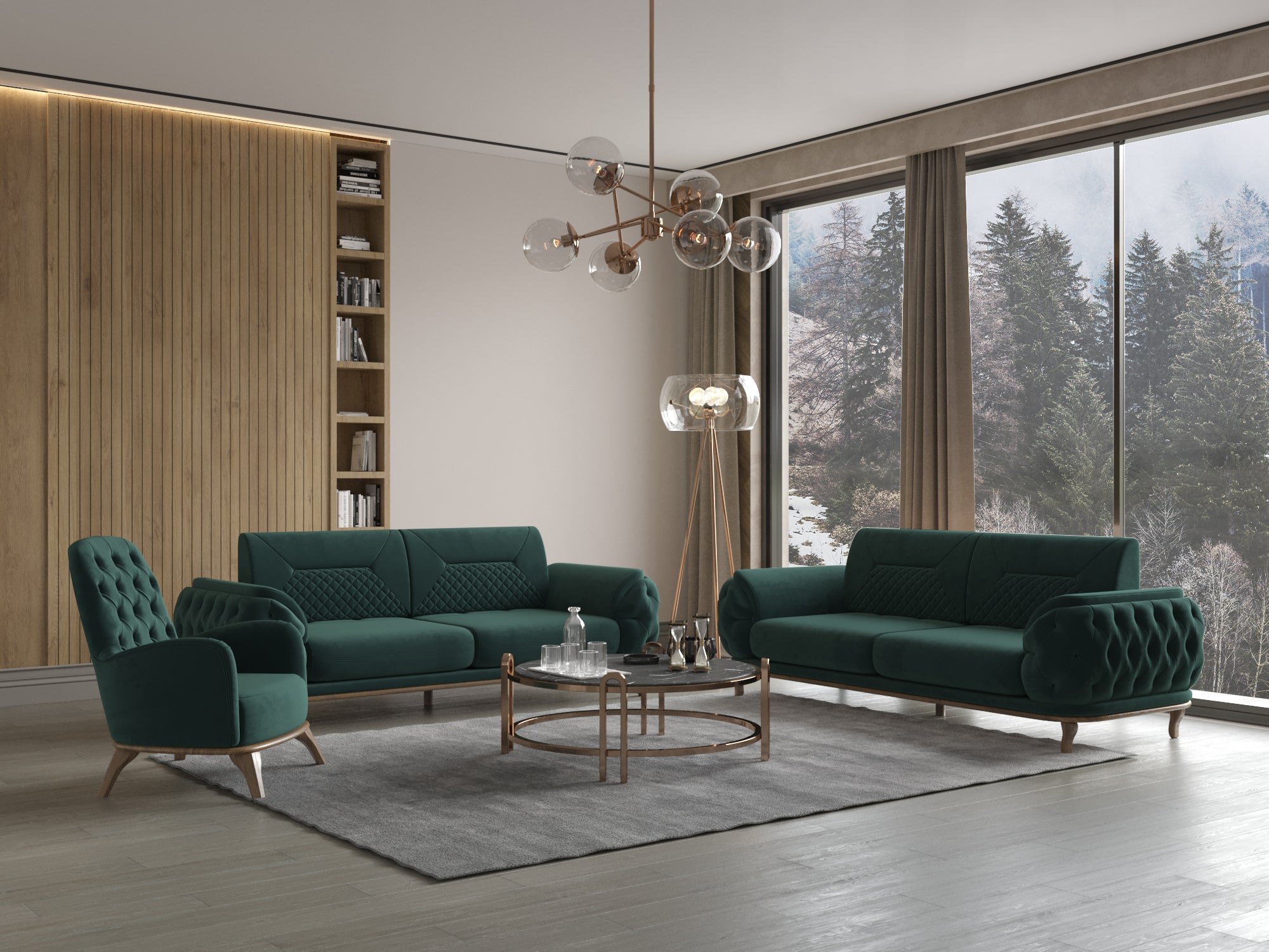 Modernes Wohnzimmer mit grüner Polstergarnitur bestehend aus zwei Sofas und Sessel, rundem Couchtisch und großer Fensterfront mit Blick auf winterliche Landschaft.