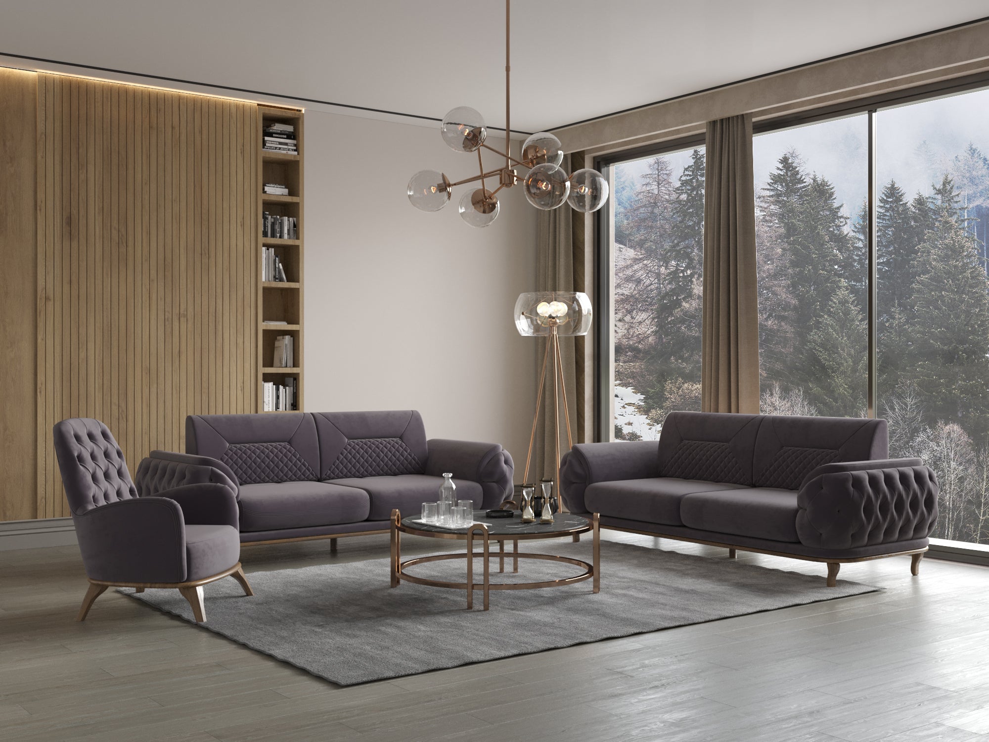Modernes Wohnzimmer mit grauvioletter Polstergarnitur aus zwei Sofas und Sessel, rundem Couchtisch und großer Fensterfront mit winterlichem Ausblick.