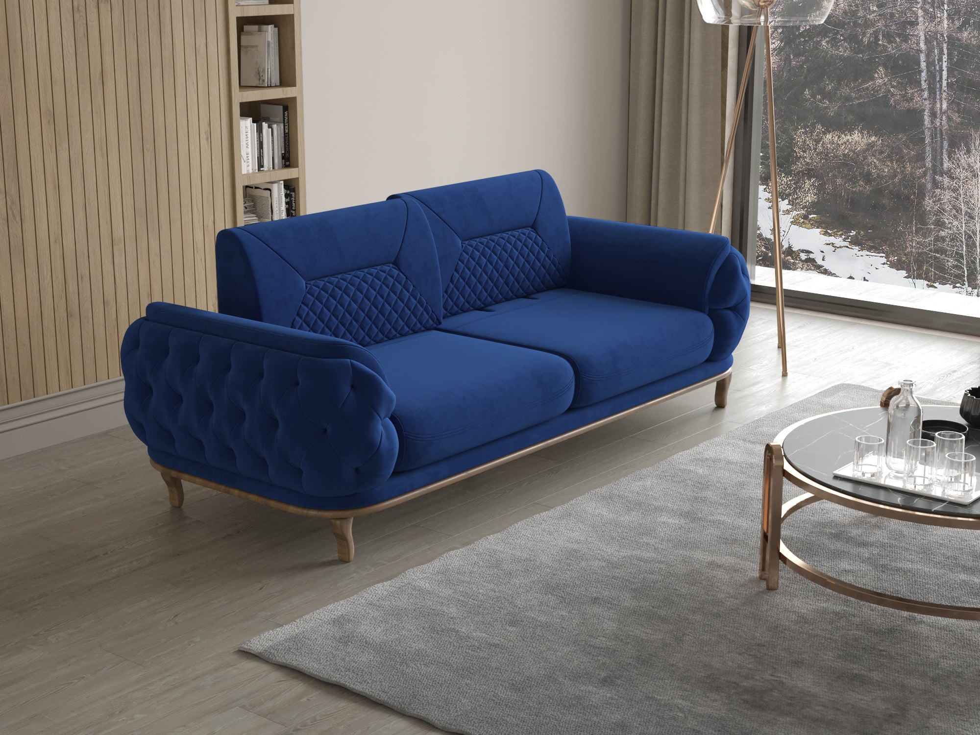 Blaues 2-Sitzer-Sofa mit gesteppter Rückenlehne und voluminösen Armlehnen in modernem Wohnzimmer mit Holzwand und großer Fensterfront.