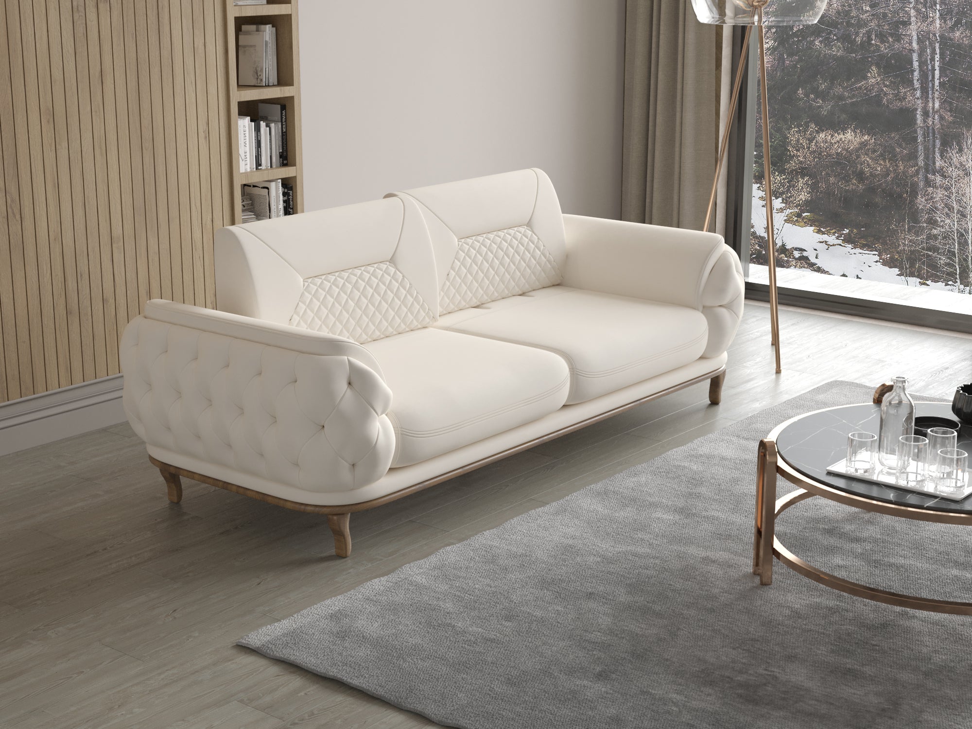 Cremefarbenes 2-Sitzer-Sofa mit gesteppter Rückenlehne und gerundeten Armlehnen in modernem Wohnzimmer mit Holzwand und großer Fensterfront.