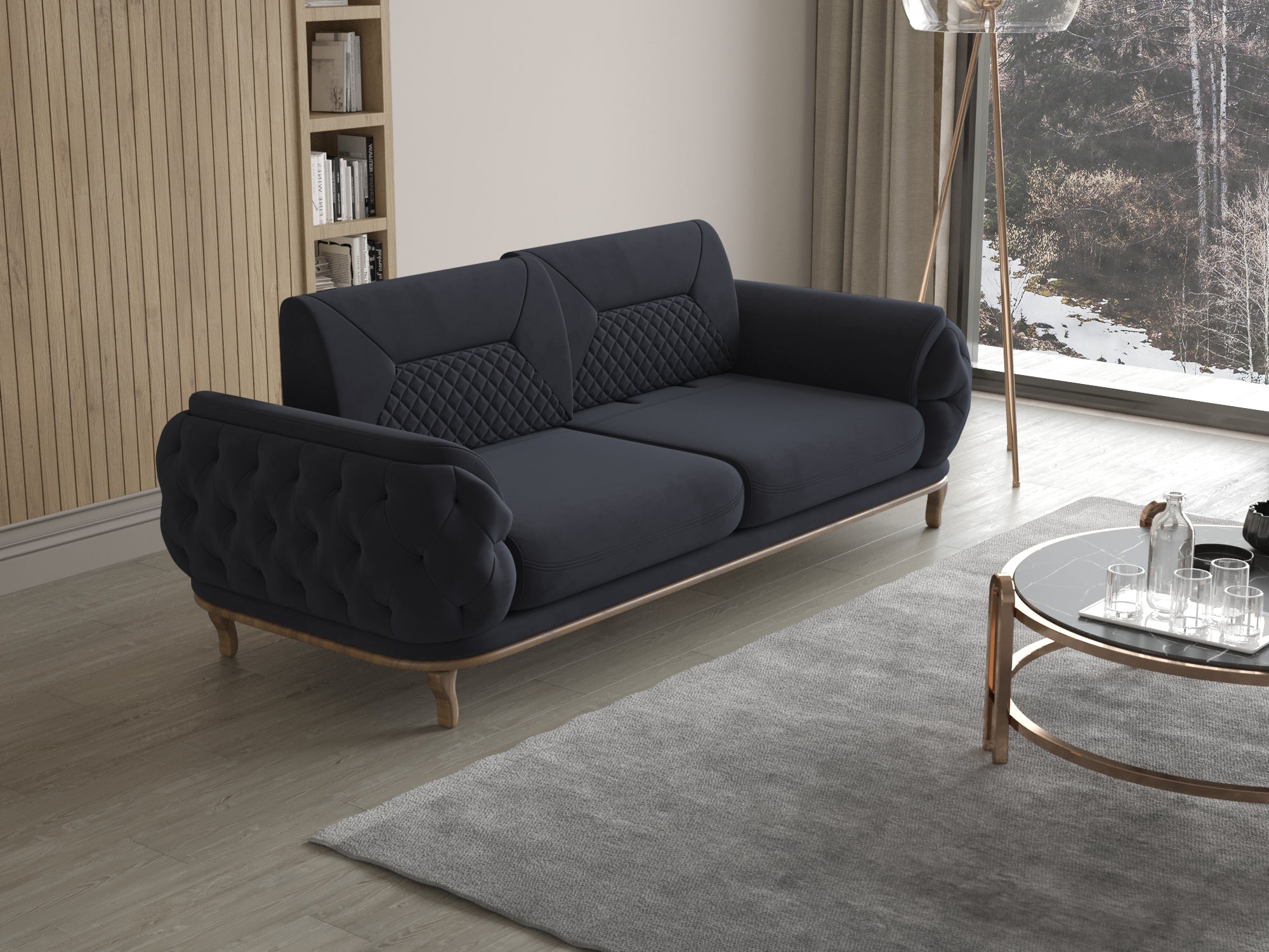 Dunkelblaues 2-Sitzer-Sofa mit gesteppter Rückenlehne und gerundeten Armlehnen in modernem Wohnzimmer mit Holzwand und großer Fensterfront.